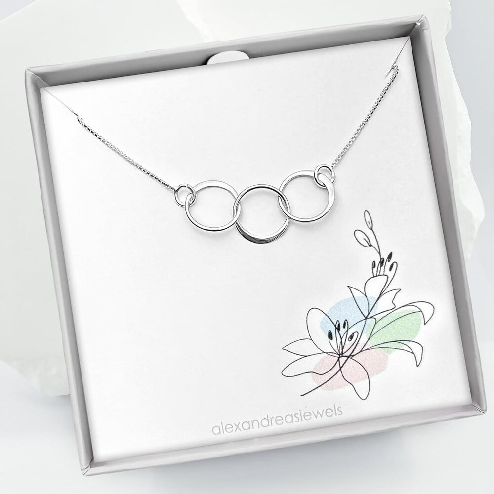 Sterling Silver Three Ring Necklace Interlocking … - image 3